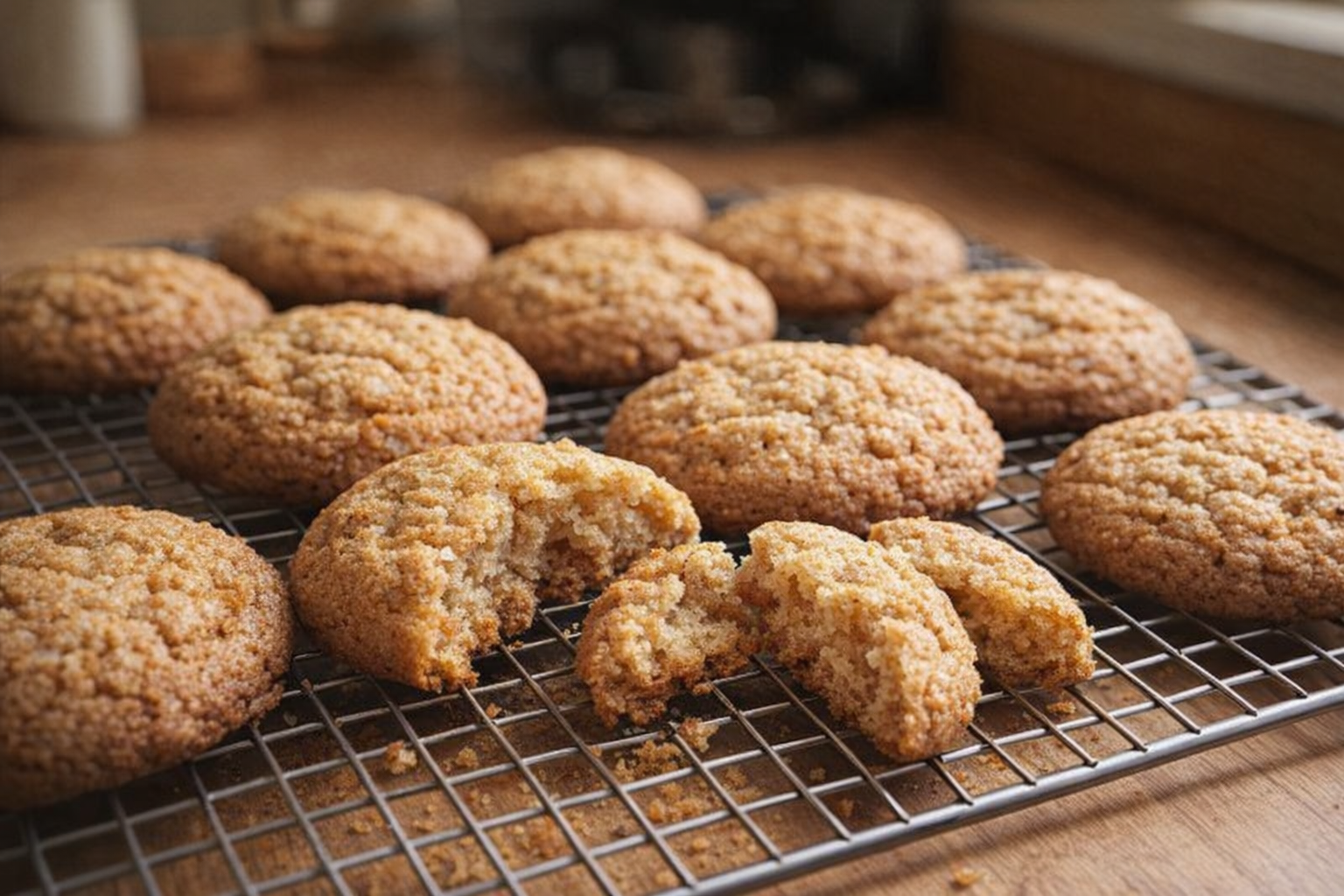 A batch of golden brown gluten-free almond flour cookies on a wire rack, slightly cooled, with a few cookies broken to show the soft, chewy interior, warm kitchen lighting